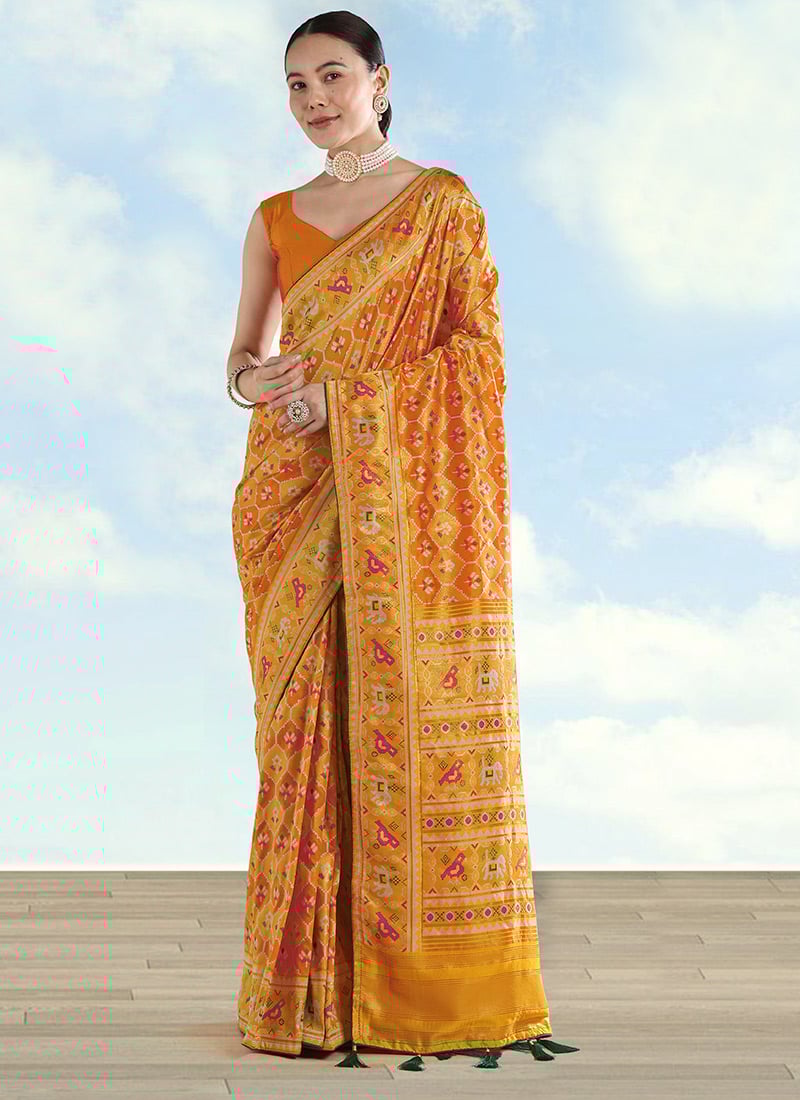 Classic Mustard Banarasi Satin Silk Patola Zari Woven Saree Festive Wear