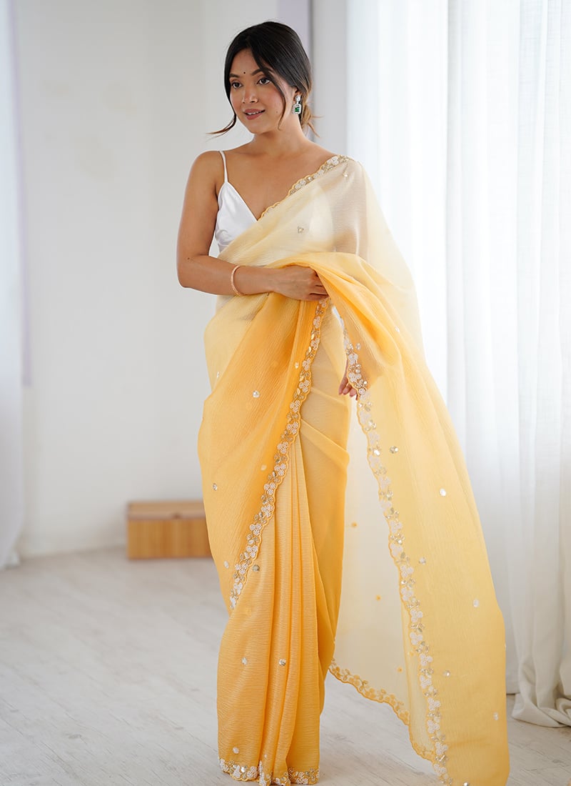 Classic Mustard Chiffon Crush Sequins Beads Cut Work Cutdana Saree After Six Wear