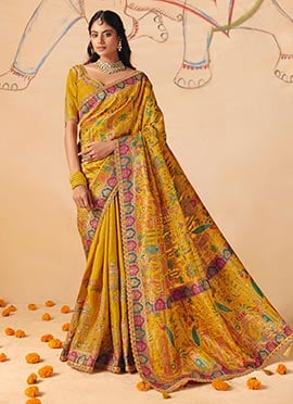 Classic Mustard Dola Silk Zari Embroidered Sequins Cut Work Jacquard Print Saree
