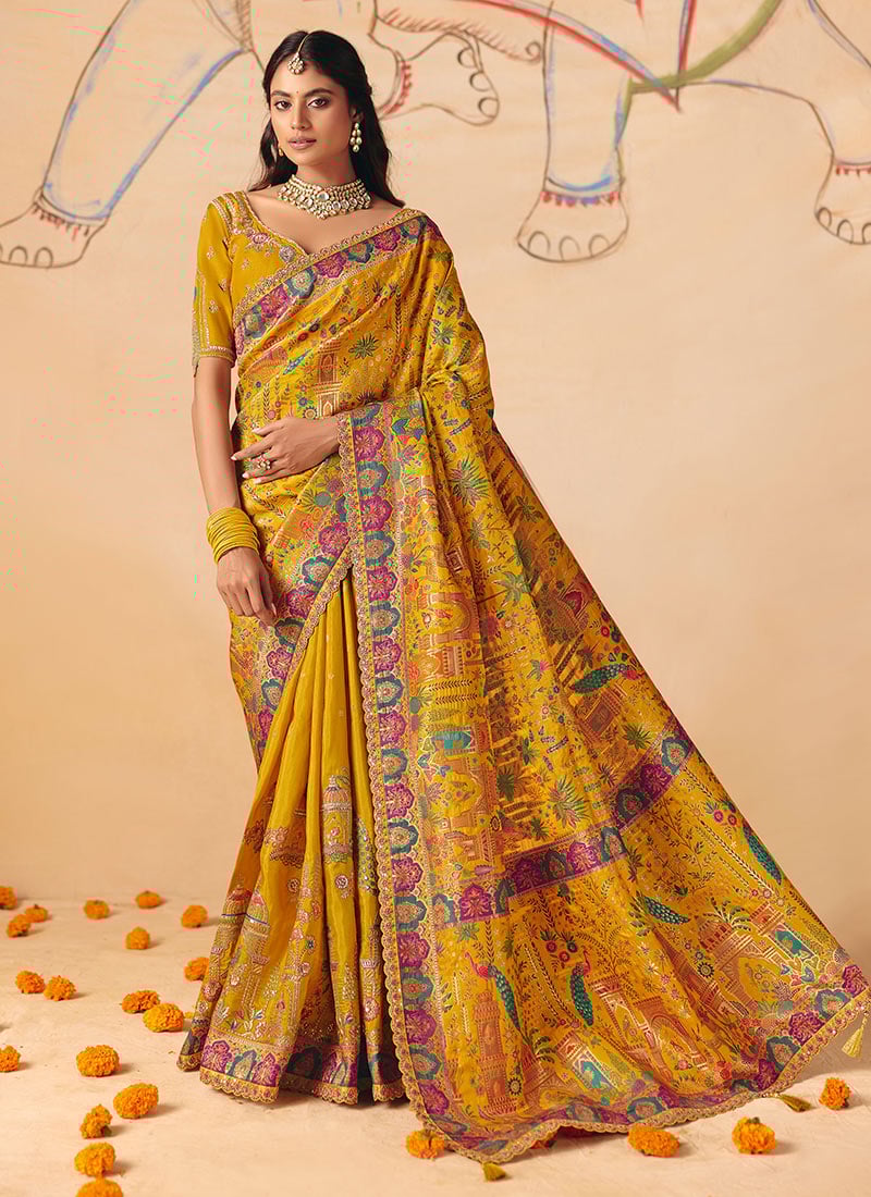 Classic Mustard Dola Silk Zari Embroidered Sequins Cut Work Jacquard Print Saree Wedding Wear
