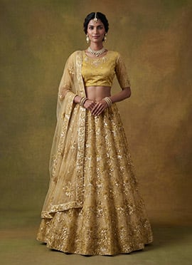 Classic Mustard Net Embroidered Sequins Thread Umbrella Lehenga