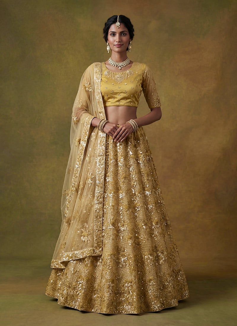 Classic Mustard Net Embroidered Sequins Thread Umbrella Lehenga Wedding Wear