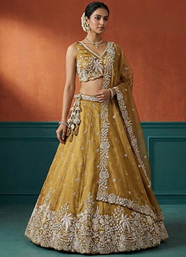 Classic Mustard Tissue Embroidered Umbrella Lehenga