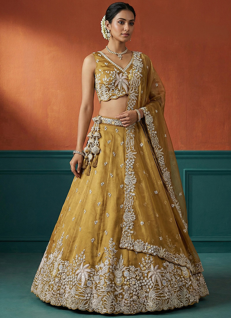Classic Mustard Tissue Embroidered Umbrella Lehenga Wedding Wear
