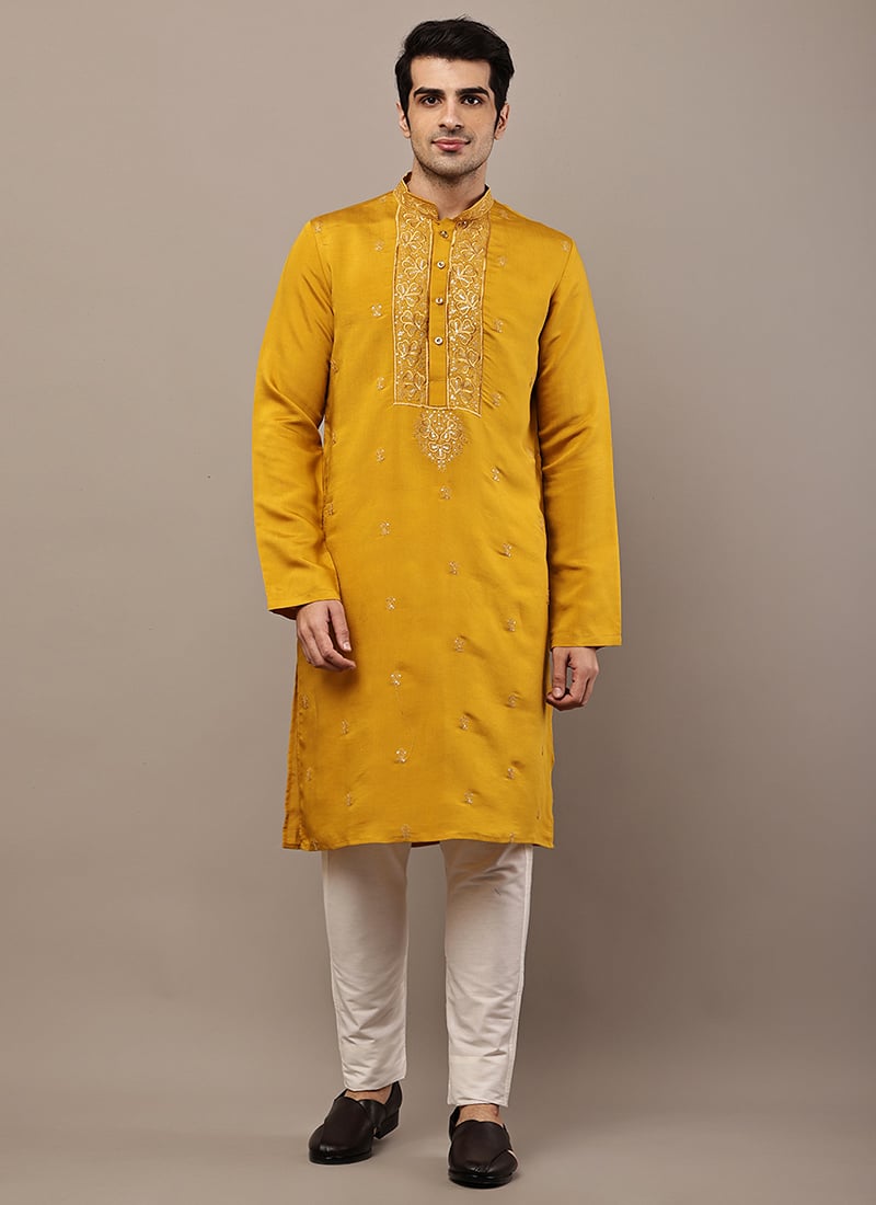 Classic Mustard Viscose Silk Embroidered Sequins Kurta Pyjama Festive Wear