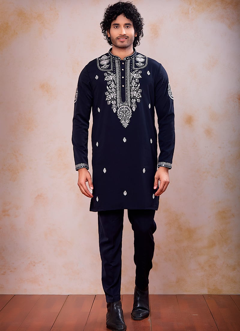 Classic Navy Blue Armani Embroidered Thread Mirror Work Kurta Pyjama Festive Wear