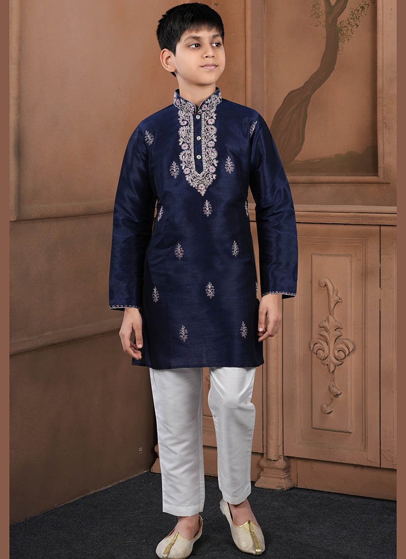 Classic Navy Blue Art Silk Embroidered Kids Boys Kurta Pyjama Festive Wear