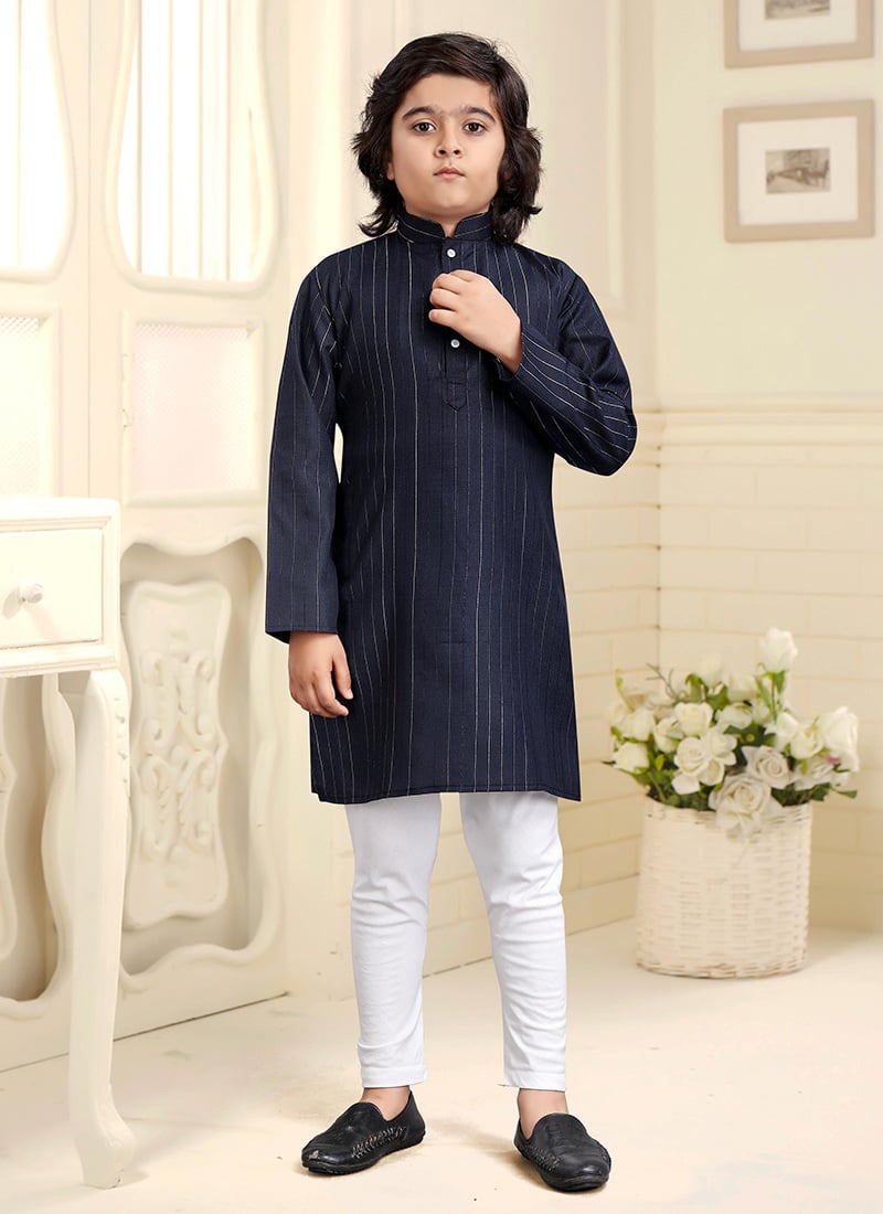 Classic Navy Blue Cotton Kids Kurta Pyjama Set With Subtle Zari Detailing Festive Wear