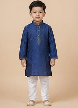 Classic Navy Blue Jacquard Silk Kids Boys Kurta Pyjama