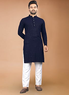 Classic Navy Blue Rayon Sequins Embroidered Kurta Pyjama