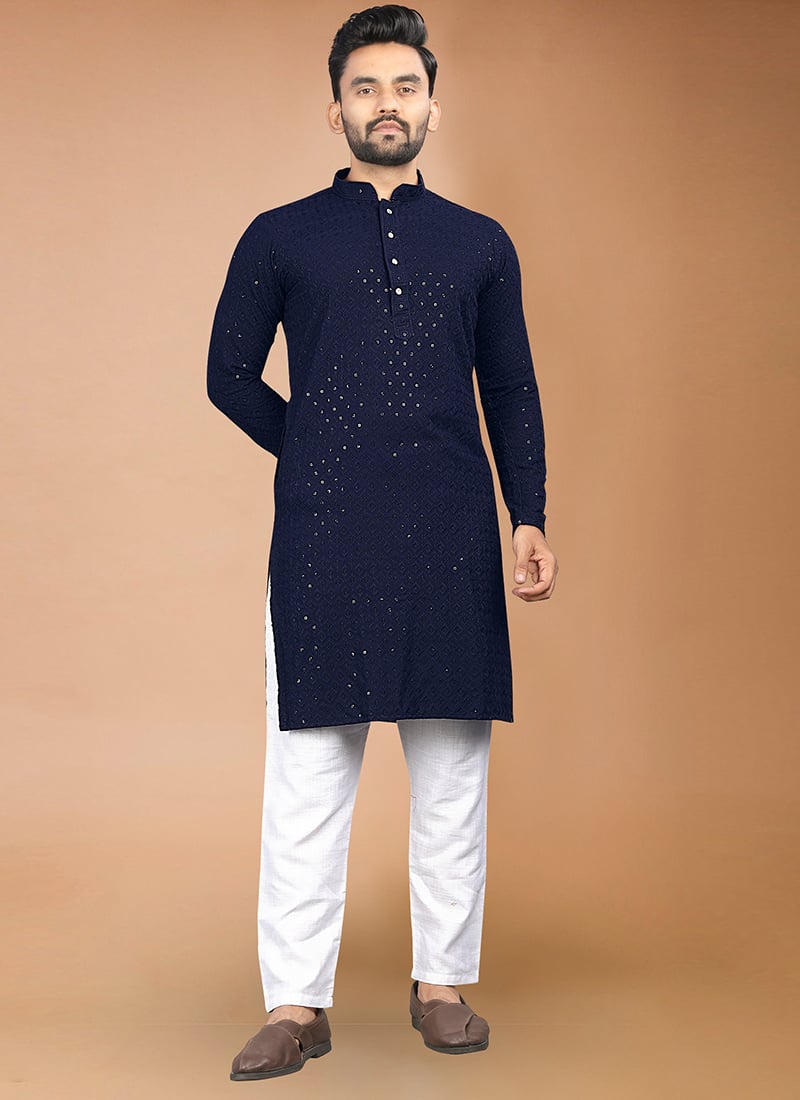 Classic Navy Blue Rayon Sequins Embroidered Kurta Pyjama Festive Wear