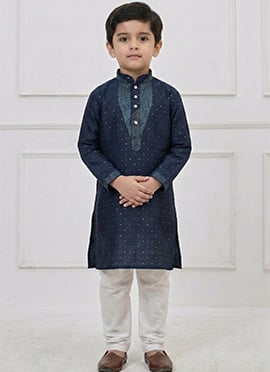 Classic Navy Blue Silk Zari Thread Kids Boys Kurta Pyjama