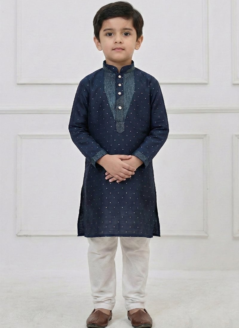Classic Navy Blue Silk Zari Thread Kids Boys Kurta Pyjama Festive Wear