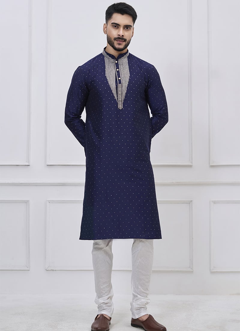 Classic Navy Blue Silk Zari Thread Kurta Pyjama Festive Wear