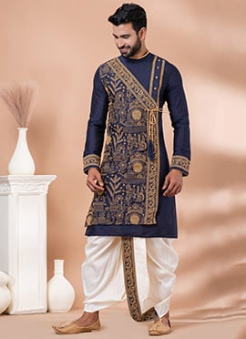 Classic Navy Blue Viscose Kurta With Embroidered And Dhoti Style Pyjama