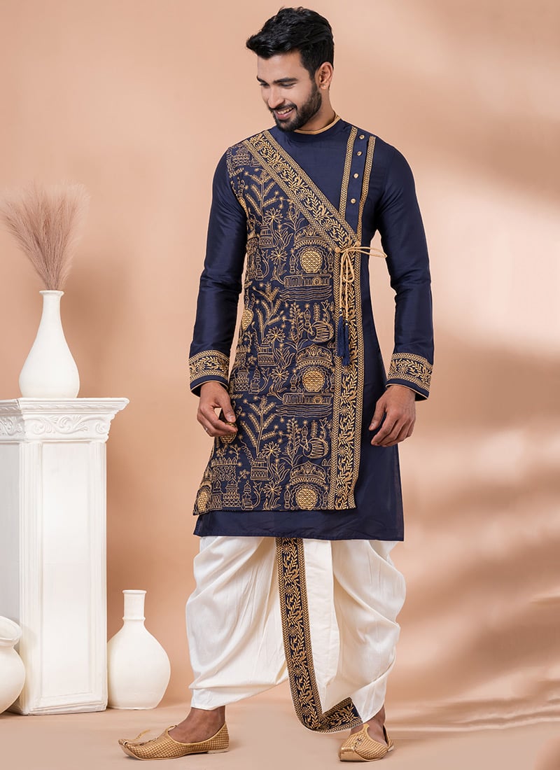Classic Navy Blue Viscose Kurta With Embroidered And Dhoti Style Pyjama Festive Wear