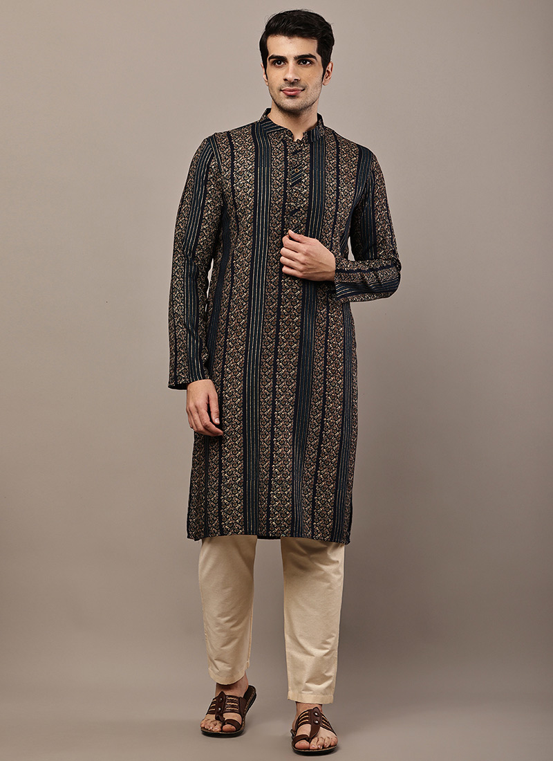 Classic Navy Blue Viscose Silk Ethnic Print Zari Thread Kurta Pyjama Festive Wear