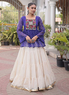 Classic Off White Cotton Leheriya Printed Kutchi Gamthi Patch Work Indowestern Skirt Set
