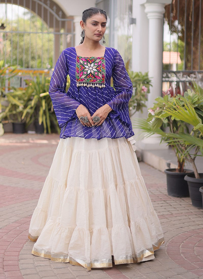 Classic Off White Cotton Leheriya Printed Kutchi Gamthi Patch Work Indowestern Skirt Set Festive Wear