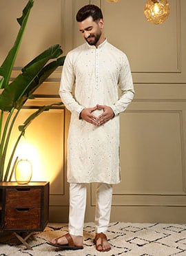 Classic Off White Cotton Silk Embroidered Sequins Kurta Pyjama