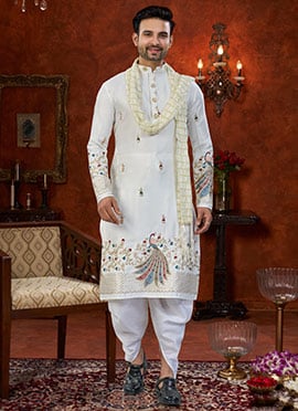 Classic Off White Malai Silk Embroidered Sequins Thread Kurta Pyjama