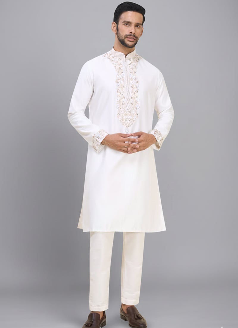 Classic Off White Silk Embroidered Kurta Pyjama Festive Wear