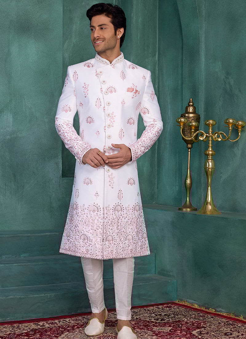 Classic Off White Silk Sequins Embroidered Indowestern Sherwani Wedding Wear