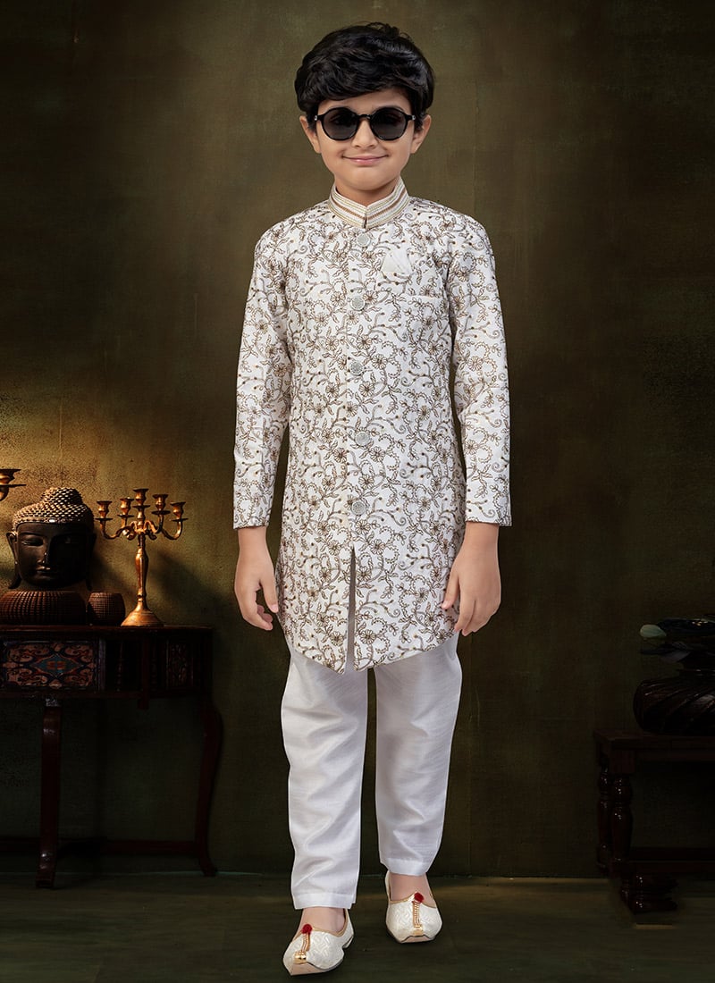 Classic Off White Soft Silk Sequins Embroidered Thread Kids Boys Indowestern Sherwani Wedding Wear