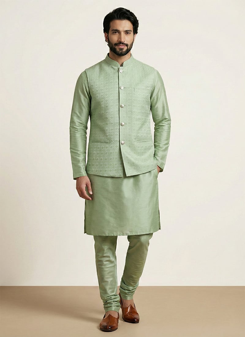 Classic Olive Green Banarasi Jacquard Bandi Set Festive Wear