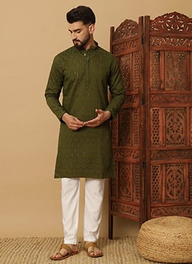 Classic Olive Green Cotton Blend Sequins Thread Kurta Pyjama