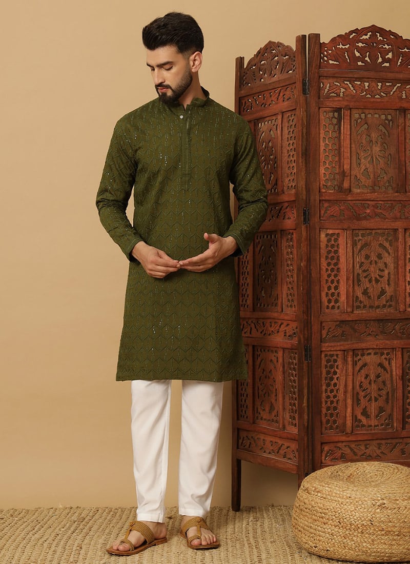 Classic Olive Green Cotton Blend Sequins Thread Kurta Pyjama Festive Wear