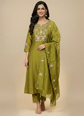 Classic Olive Green Viscose Silk Embroidered Sequins Anarkali Suit