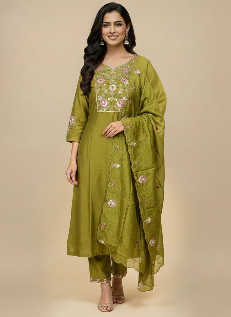 Classic Olive Green Viscose Silk Embroidered Sequins Anarkali Suit Festive Wear