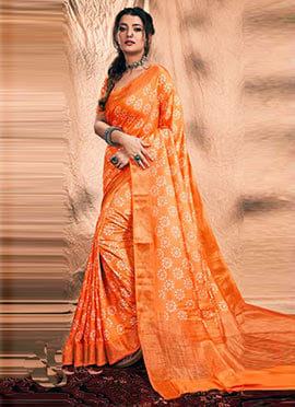 Classic Orange Chanderi Silk Batik Print Saree