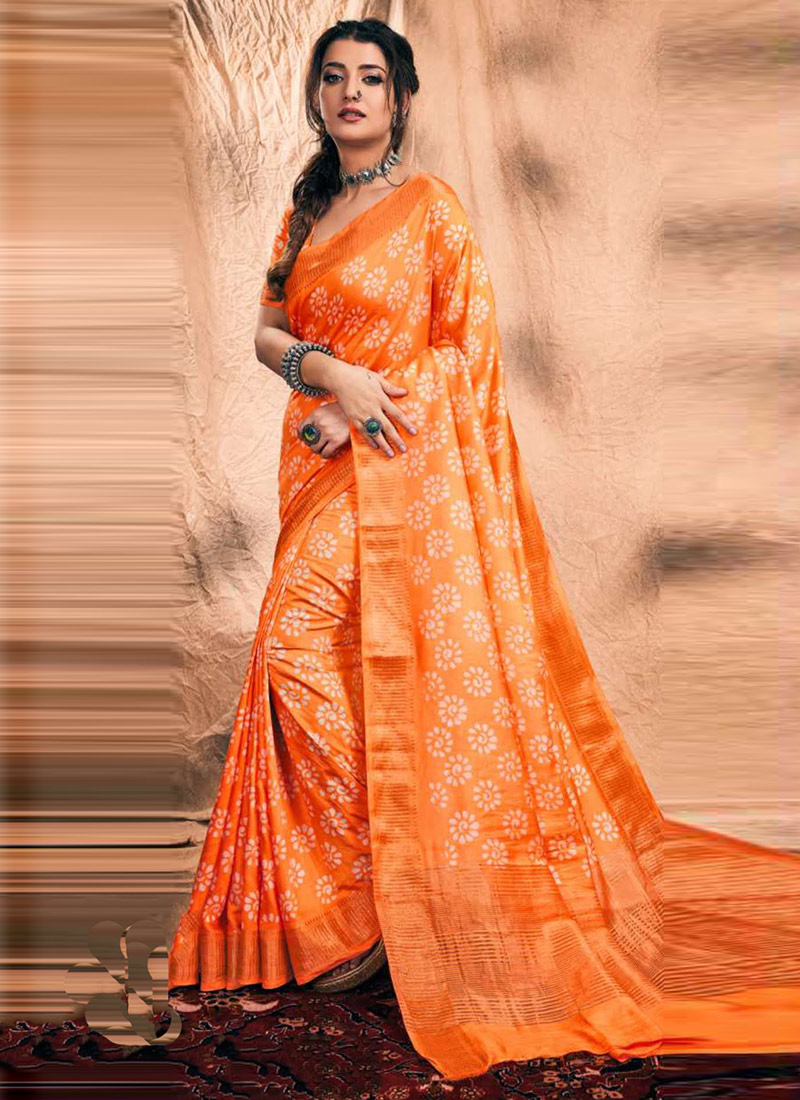 Classic Orange Chanderi Silk Batik Print Saree After Six Wear