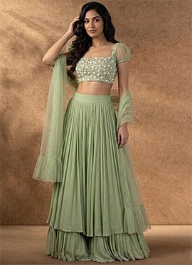 Classic Pastel Green Faux Georgette Beads Stones Hand Embroidered A Line Lehenga