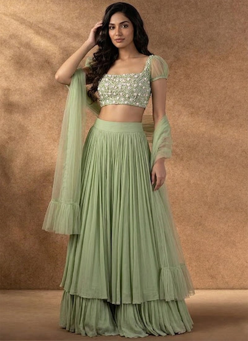 Classic Pastel Green Faux Georgette Beads Stones Hand Embroidered A Line Lehenga Wedding Wear