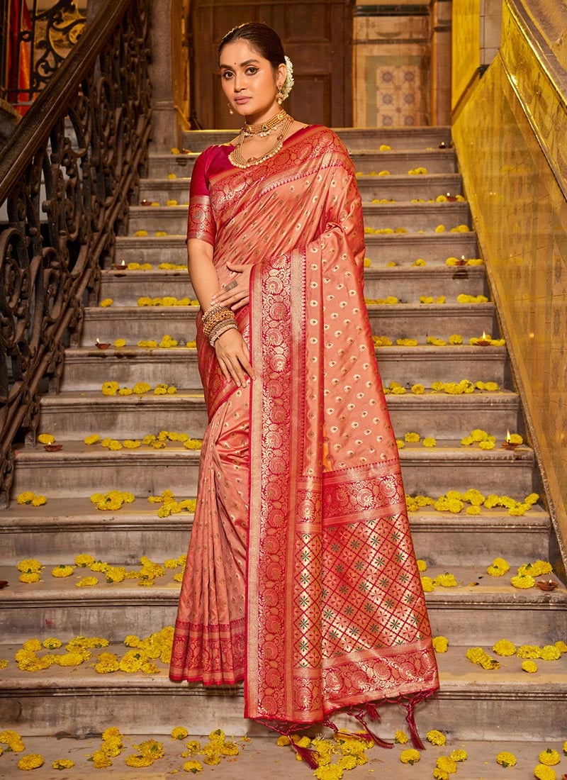Classic Peach Banarasi Silk Zari Woven Saree Festive Wear