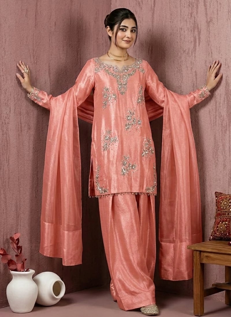 Classic Peach Organza Beads Zari Sequins Salwar Suit After Six Wear