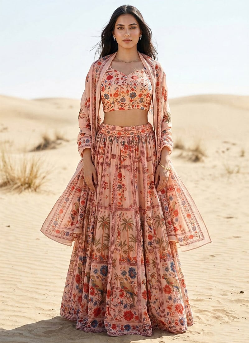 Classic Peach Organza Digital Print Umbrella Lehenga Festive Wear