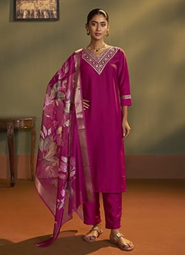 Classic Pink Cotton Blend Embroidered Straight Pant Suit