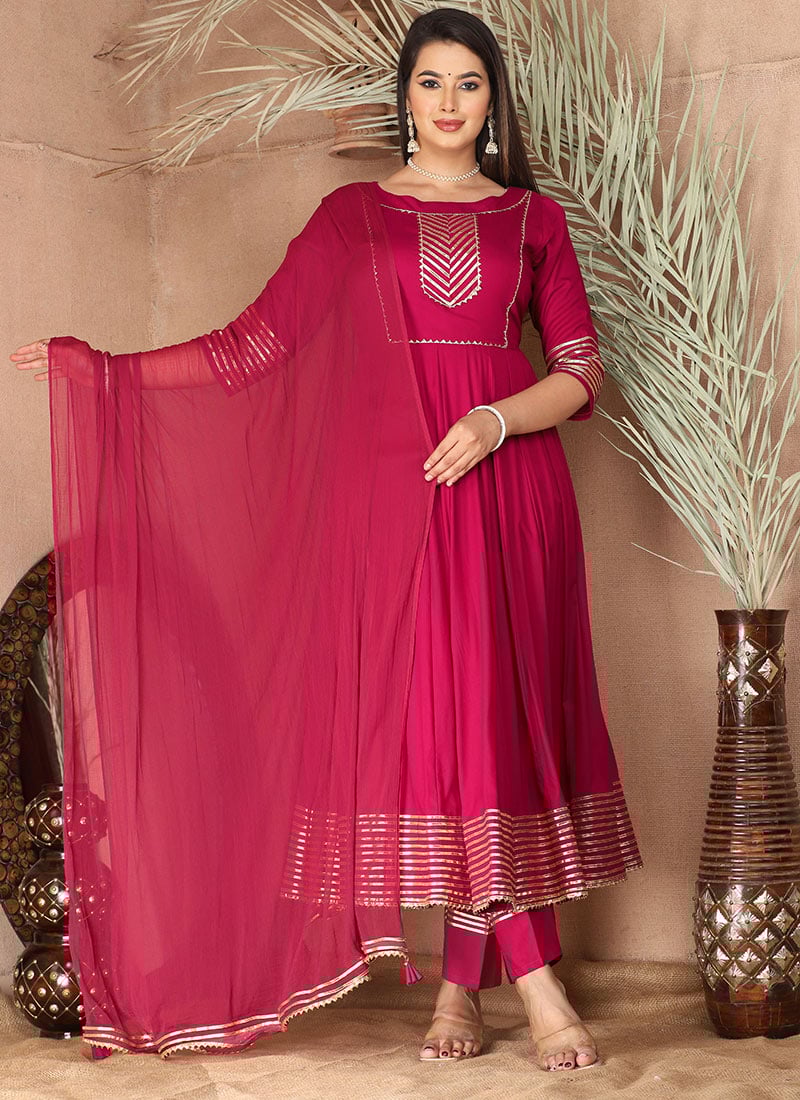 Classic Pink Rayon Anarkali Suit With Dupatta And Gota Work Evening After Six Wear