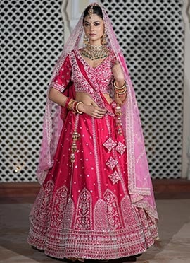 Classic Pink Silk Embroidery Beads Work Umbrella Lehenga