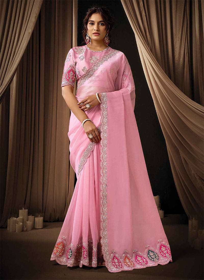 Classic Pink Tissue Organza Sequins Beads Hand Embroidered Stones Saree Wedding Wear
