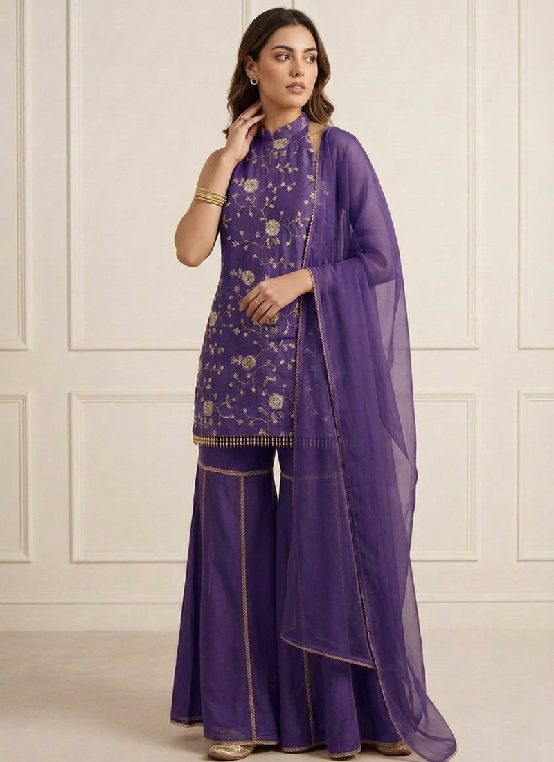 Classic Purple Faux Georgette Embroidered Sharara Suit Festive Wear