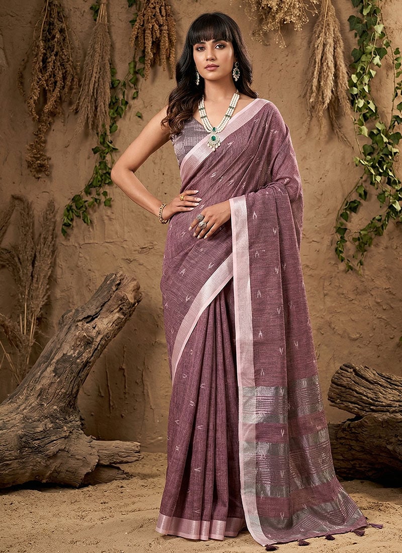 Classic Purple Linen Cotton Zari Woven Saree Festive Wear