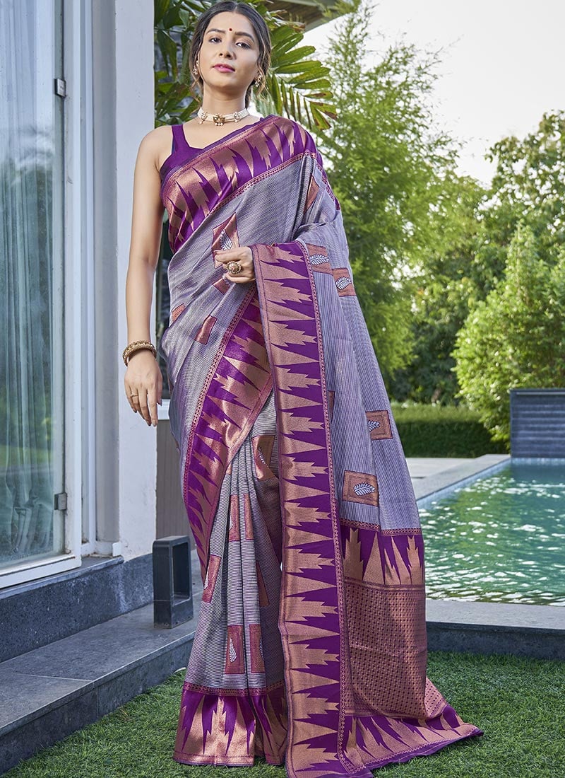 Classic Purple Silk Jacquard Woven Diwali Saree Festive Wear