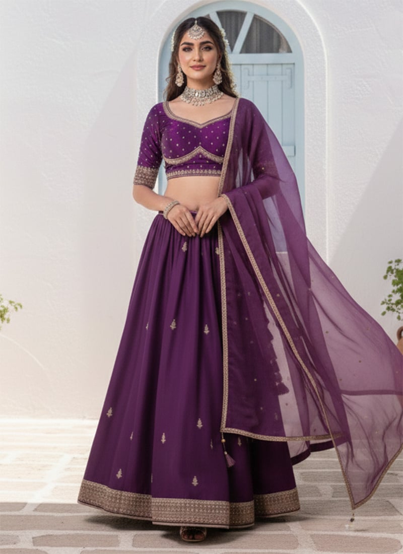 Classic Purple Vichitra Silk Zari Sequins Hand Embroidered A Line Lehenga Wedding Wear