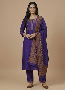 Classic Purple Viscose Silk Embroidered Sequins Straight Pant Suit
