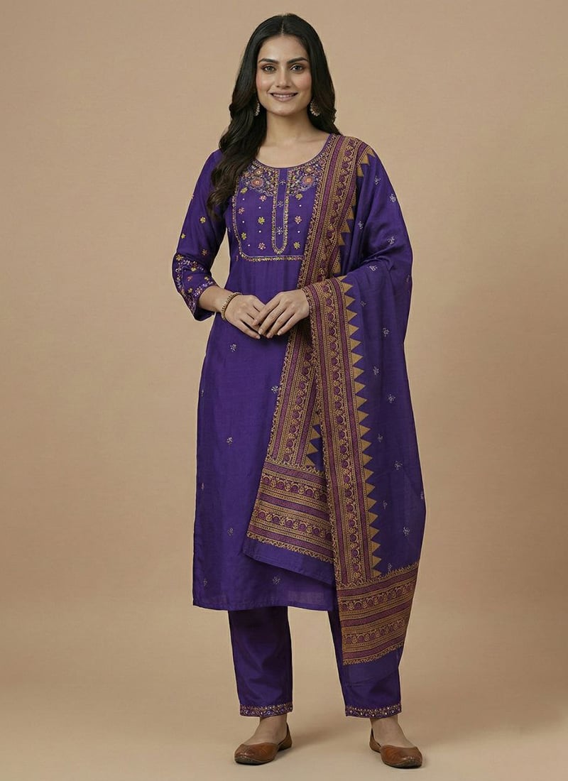 Classic Purple Viscose Silk Embroidered Sequins Straight Pant Suit Festive Wear